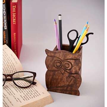 Mothers Day Gifts White Elephant Gifts for Adults Owl Design Rustic Wood Pencil Holder Pen Cup Spect...