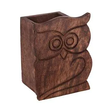 Owl Design Rustic Wood Desk Organizer for Office Supplies
