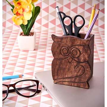 Mothers Day Gifts White Elephant Gifts for Adults Owl Design Rustic Wood Pencil Holder Pen Cup Spectacle Eyeglasses Holder Desk Caddy Organizer Office Supplies Accessories Gift Ideas Office Coworkers