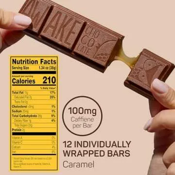 AWAKE - Caffeinated Chocolate Bars - Caramel Milk Chocolate, 12 Bars - 100mg Caffeine - 1 Bar Equals 1 Cup of Coffee - Individually Wrapped Energy - Fairtrade, Gluten Free, Non GMO - 1.34oz