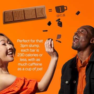 AWAKE - Caffeinated Chocolate Bars - Caramel Milk Chocolate, 12 Bars - 100mg Caffeine - 1 Bar Equals 1 Cup of Coffee - Individually Wrapped Energy - Fairtrade, Gluten Free, Non GMO - 1.34oz