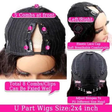 Dosacia V Part Wigs Body Wave Brazilian Virgin Human Hair Wigs For Black Women Upgrade U Part Glueless Wigs Full Head Clip In Half Wig V Shape Wigs No Leave Out Lace Front Wigs 180% Density 16Inch