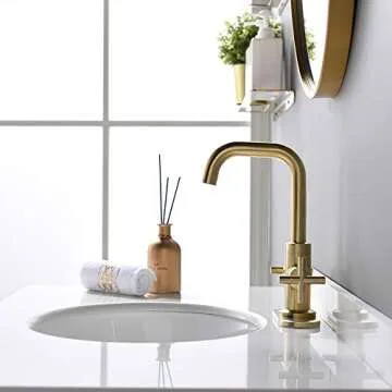 Phiestina Brushed Gold 2-Handle 4 Inch Centerset Single Hole Bathroom Faucet with Drain,Deck Plate and Supply Hoses, Fit for 1 or 3 Hole, SGF002-10-BG