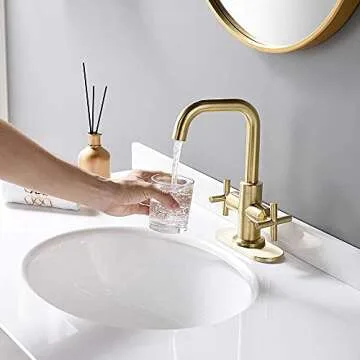 Phiestina Brushed Gold 2-Handle 4 Inch Centerset Single Hole Bathroom Faucet with Drain,Deck Plate and Supply Hoses, Fit for 1 or 3 Hole, SGF002-10-BG