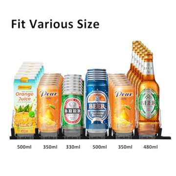 ONCHSH Drink Organizer for Fridge Pantry,Spring Loaded Soda Can Drink Organizer for Refrigerator,soda can dispenser for refrigerator,Width Adjustable Beverage Pusher Glide (Black, 16.4"D - 6 Rows)