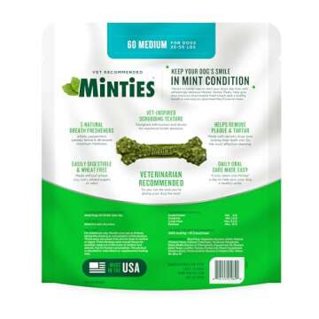 Minties Dental Chews for Dogs, 60 Count, Vet-Recommended Mint-Flavored Dental Treats for Medium Dogs...