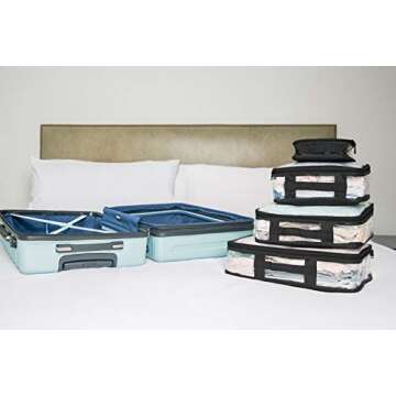 Clear Travel Packing Cubes Set of 4 for Carry On (XS, Small, Medium, Large) / See-Through Clothes Organizer Dividers for Suitcase/Transparent Vinyl PVC Cell Pouches for Luggage (Black)