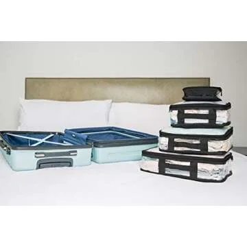 Clear Travel Packing Cubes Set of 4 for Carry On (XS, Small, Medium, Large) / See-Through Clothes Organizer Dividers for Suitcase/Transparent Vinyl PVC Cell Pouches for Luggage (Black)