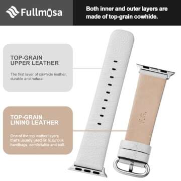Fullmosa Leather Bands Compatible with Apple Watch 41mm 40mm 38mm 42mm 44mm 45mm 46mm 49mm Women Band Strap for iWatch Ultra 2/Ultra/10/9/8/7/6/5/4/3/2/1/SE2/SE, 42mm 41mm 40mm 38mm White