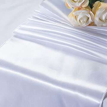 Juvale 10-Pack White Satin Table Runners for Rectangular and Round Tables, Weddings, Baby Showers, B...