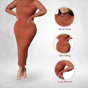 Fierce Fashion The Long Sleeve Bodycon Dress, Sexy Dress for Date Night, Sleek and Snug-Fit Outfit for Women (US, Alpha, Large, Regular, Regular, Brown)