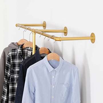 WJJAYY Industrial Pipe Clothes Rack, Heavy Duty Wall Mounted Black Iron Garment Bar,Retail Display Rack Closet Storage Clothes Organizer (47.2, Gold)
