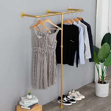 WJJAYY Industrial Pipe Clothes Rack, Heavy Duty Wall Mounted Black Iron Garment Bar,Retail Display Rack Closet Storage Clothes Organizer (47.2, Gold)