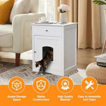 VANCETO Cat Cupboard, Cat Litter Cabinet, Indoor Cat House Side Table, Litter Box Enclosure, Pet Crate Nightstand, cat Litter Box Furniture Loo Washroom (White) Hides Your Cat’s Litter Box