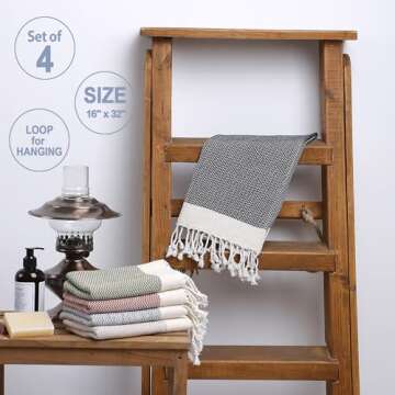 Evelynen Decorative Hand Towels for Bathroom Set of 4 (16" x 32") Boho Turkish Hand Towels with Hanging Loops for Face, Hair, Gym, Guest, Tea, Dish, Kitchen and Bath (Black)