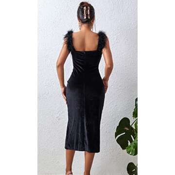 Women's Velvet Split Bodycon Feather Zipper Back Cocktail Party Dress(Black,Small)