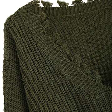 ZAFUL Women's Loose Long Sleeve V-Neck Ripped Pullover Knit Sweater Crop Top (1-Army Green)