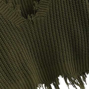 ZAFUL Women's Loose Long Sleeve V-Neck Ripped Pullover Knit Sweater Crop Top (1-Army Green)