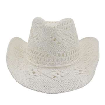 ADAHOP Hats Vented Straw Cowboy Hat Shapeable Cowgirl Western Straw Outback Toyo Cowboy Hat White