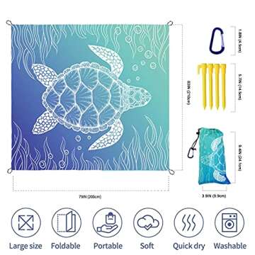 Beach Blanket, Waterproof Sandproof Beach Mat Oversized 79 X 83 Inch for 4-6 Adults, Lightweight Picnic Blanket, Portable Picnic Mat for Outdoor Travel Camping Hiking with 4 Stakes & 4 Corner Pocket