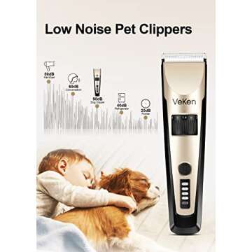 Veken Dog Grooming Kit Clippers, Low Noise Rechargeable Cordless Electric Quiet Dog Clippers for Grooming, Professional Pet Hair Clippers Shaver Trimmers Set for Thick to Heavy Coats Dogs Cats Pets