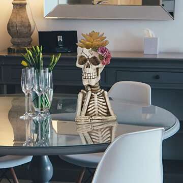LAIKEARTS Skull Fake Plants, Planter Pots with Artificial Succulents, Faux Indoor Plants for Home Decor, Small Flower Pot for Desk Shelf, Handmade Resin Skeleton Statue, Unique for Women