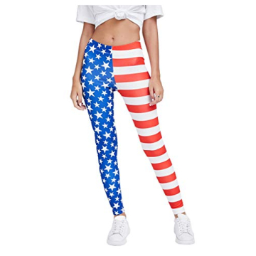 USA American Flag Leggings Patriotic 4th of July Red White and Blue Women Tights Blue/White Small