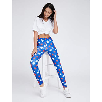 USA American Flag Leggings Patriotic 4th of July Red White and Blue Women Tights Blue/White Small