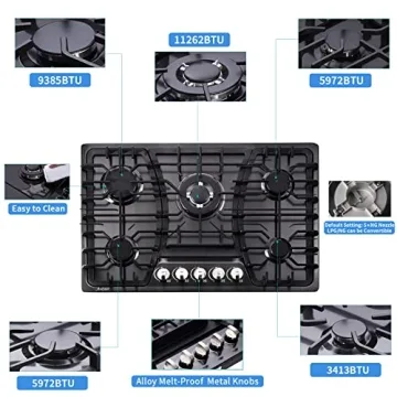 Anlyter 30 Inch Gas Cooktop, 5 Burners Built-in Gas Stovetop Stainless Steel LPG/NG Convertible Gas Stove Dual Fuel Sealed Gas Hob - Black