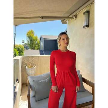 OQQ Womens Jumpsuits Dressy One Piece Outfits Long Sleeve Crew Neck Casual Wide Leg Pants Jumpsuits Red
