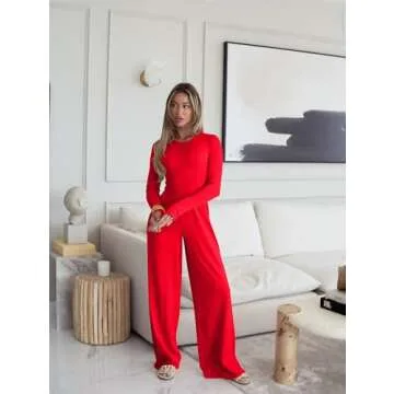 OQQ Womens Jumpsuits Dressy One Piece Outfits Long Sleeve Crew Neck Casual Wide Leg Pants Jumpsuits Red