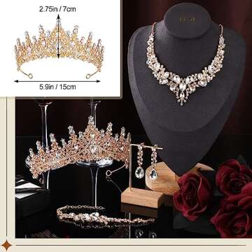 Inbagi 4 Pcs Quinceanera Crowns Costume Jewelry Sets Bride Wedding Crystal Queen Crowns Rhinestone Necklace Dangle Earrings Link Bracelet Set (Gold)