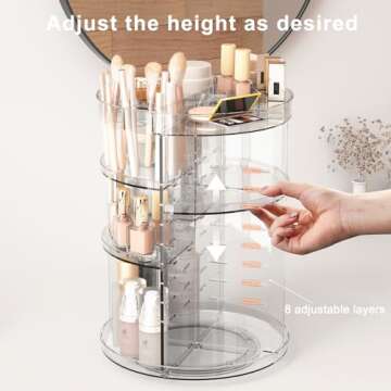 Rotating Makeup Organizer Countertop, Spinning Skincare Organizers for Vanity, 360 Cosmetic Organizers and Storage with 8 Adjustable Layers, Clear Make up Organizer with Slot Top for Counter Desk