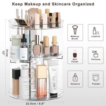 Rotating Makeup Organizer Countertop, Spinning Skincare Organizers for Vanity, 360 Cosmetic Organizers and Storage with 8 Adjustable Layers, Clear Make up Organizer with Slot Top for Counter Desk