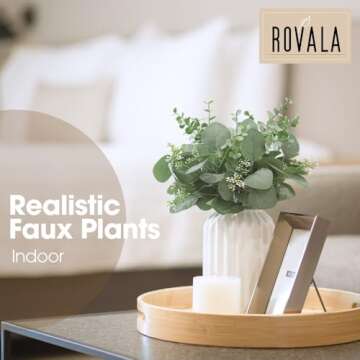 ROVALA Artificial Eucalyptus Decor in White Ceramic Vase Realistic Faux Plants Indoor Tabletop Fake Potted Plants for Bedroom Decor Small Fake Plants for Desk Office Fake Plants for Bathroom Shelves