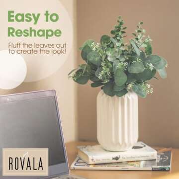 ROVALA Artificial Eucalyptus Decor in White Ceramic Vase Realistic Faux Plants Indoor Tabletop Fake Potted Plants for Bedroom Decor Small Fake Plants for Desk Office Fake Plants for Bathroom Shelves