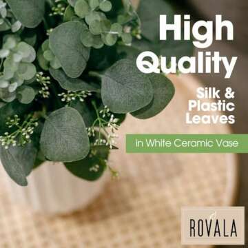 ROVALA Artificial Eucalyptus Decor in White Ceramic Vase Realistic Faux Plants Indoor Tabletop Fake Potted Plants for Bedroom Decor Small Fake Plants for Desk Office Fake Plants for Bathroom Shelves