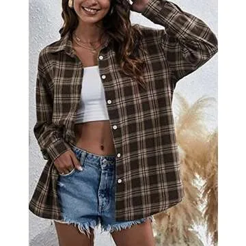 HangNiFang Flannel Shirts for Women Oversized Coffee Plaid Shirts Blouse Tops(0368-Coffee-S)