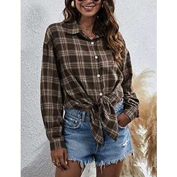 HangNiFang Flannel Shirts for Women Oversized Coffee Plaid Shirts Blouse Tops(0368-Coffee-S)
