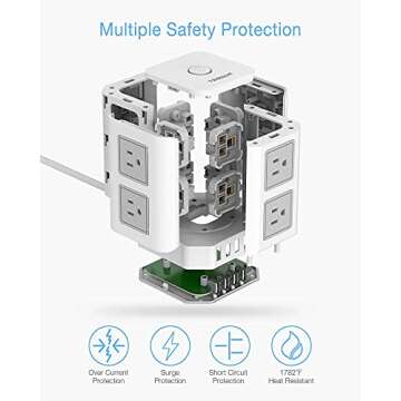 Power Strip Tower TESSAN Surge Protector 8 Outlets 4 USB Ports, Extension Cord 10 ft, Multiple Outlets Vertical Charging Tower, Dorm Room Essentials