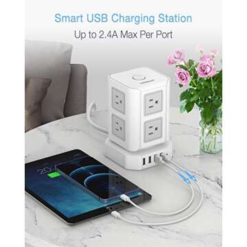 Power Strip Tower TESSAN Surge Protector 8 Outlets 4 USB Ports, Extension Cord 10 ft, Multiple Outlets Vertical Charging Tower, Dorm Room Essentials
