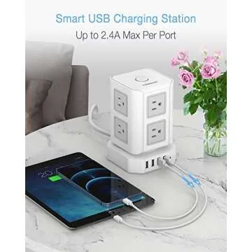Power Strip Tower TESSAN Surge Protector 8 Outlets 4 USB Ports, Extension Cord 10 ft, Multiple Outlets Vertical Charging Tower, Dorm Room Essentials