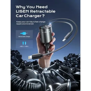 LISEN 4 in 1 Retractable iPhone Car Charger for All