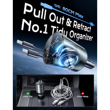 LISEN 4 in 1 Retractable iPhone Car Charger for All