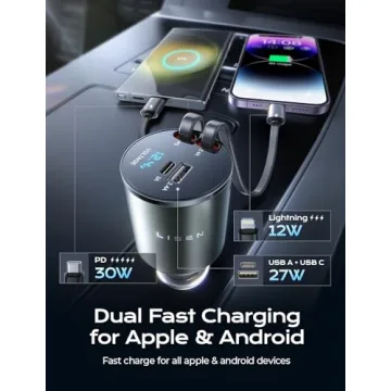 LISEN 4 in 1 Retractable iPhone Car Charger for All