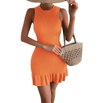 MakeMeChic Women's Sleeveless Sweater Dress Crochet Ribbed Knit Ruffle Hem Bodycon Mini Dresses Oran...