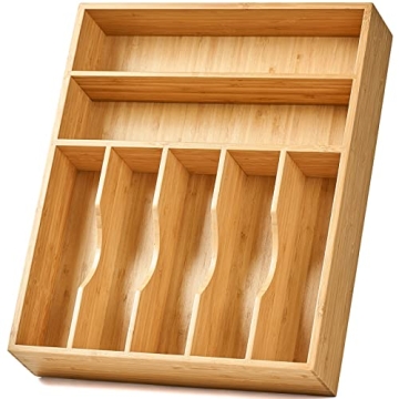 Premium Bamboo Kitchen Drawer Organizer with 7 Slots