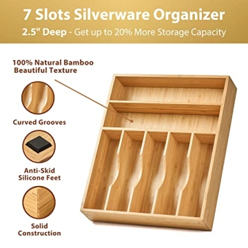 Premium Bamboo Kitchen Drawer Organizer with 7 Slots