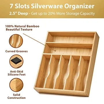 Premium Bamboo Kitchen Drawer Organizer with 7 Slots