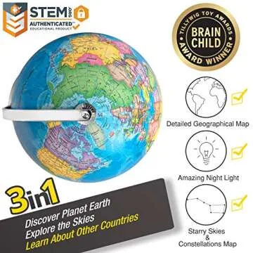 SMART WALLABY 9" Illuminated Educational Kids World Globe + STEM Flags & Countries Interactive Card Game. 3 in 1 Children Desktop Spinning Earth Political & Constellation Maps, LED Night Light Lamp
